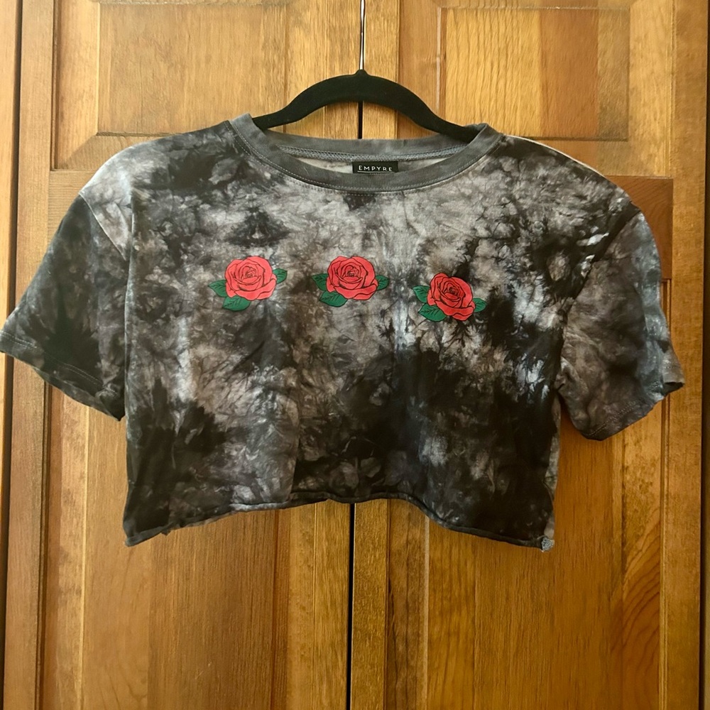 Empyre Women’s Sz S Cropped Cotton Grunge Punk Grey Tye-Dye T-Shirt W/ Roses